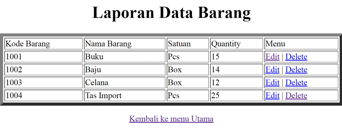 Contoh script php lihat data MySQL lihatbarang.php emerer.com